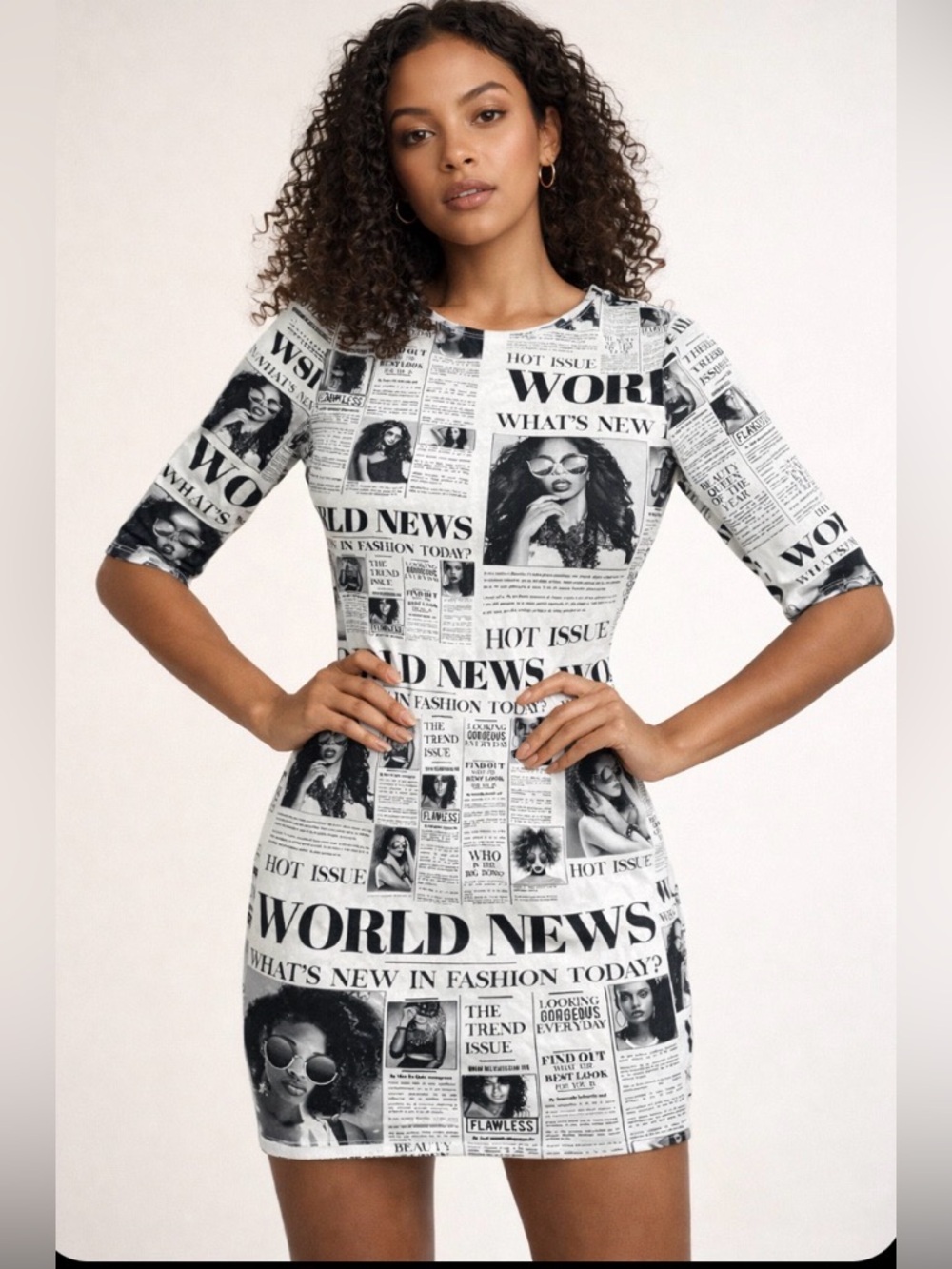 HIGHLIGHT Newspaper Print Bodycon Dress / woman’s size L/statement dress